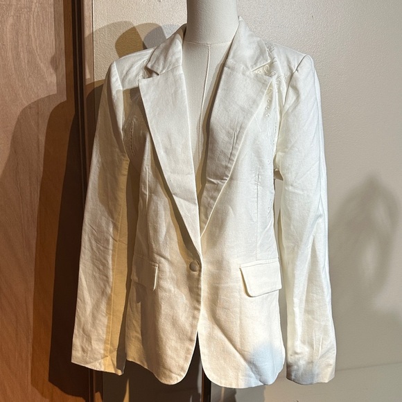 Jason Wu Ivory Cream Linen Embroidered One Button Fitted Blazer - Picture 2 of 7